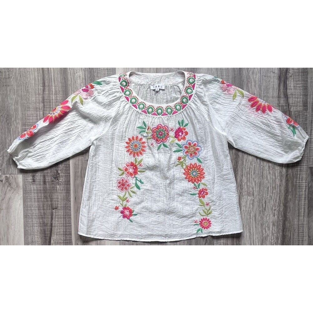 THML Womens Small Blouse White Floral Embroidered Round Neck Bohemian Style